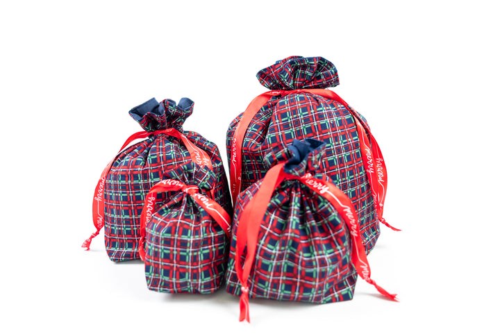 Reusable Fabric Gift Bags - Blue and Red Plaid