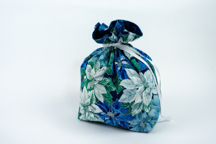 Reusable Fabric Gift Bags - Blue Poinsettias