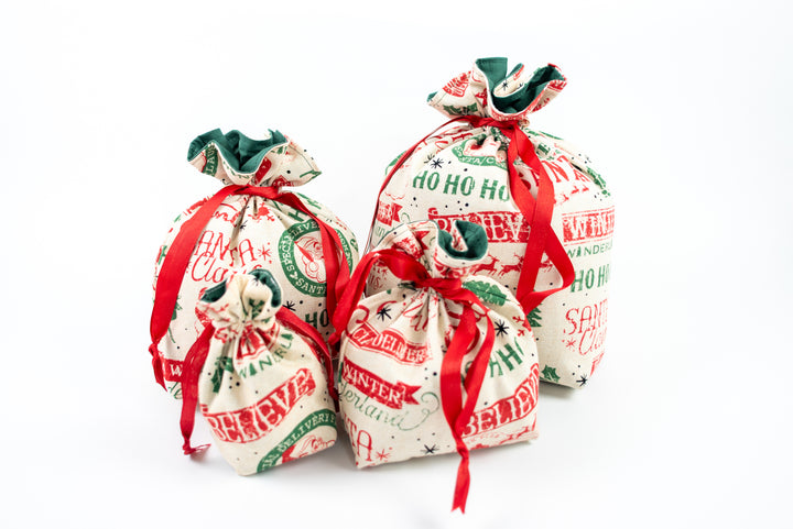 Reusable Fabric Gift Bags - Red & Green Santa