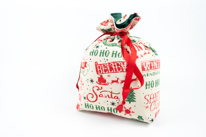 Reusable Fabric Gift Bags - Red & Green Santa