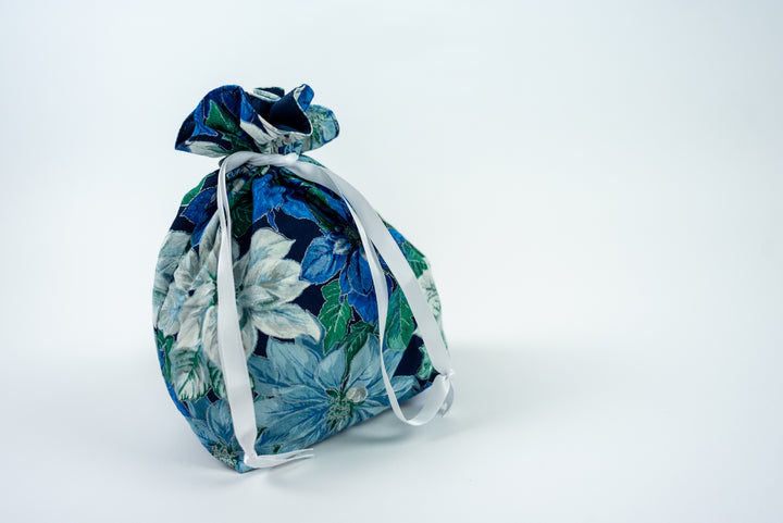 Reusable Fabric Gift Bags - Blue Poinsettias