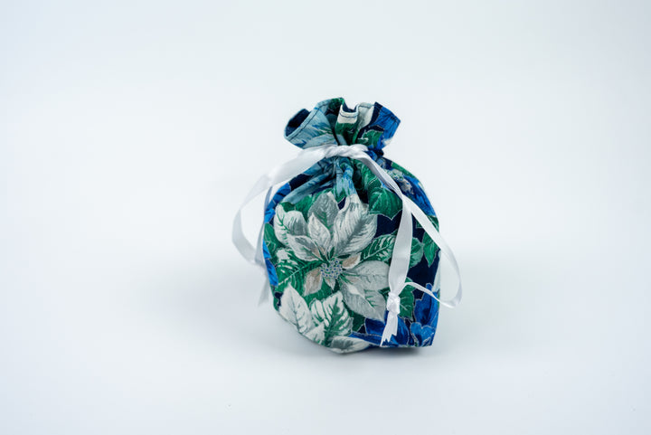 Reusable Fabric Gift Bags - Blue Poinsettias