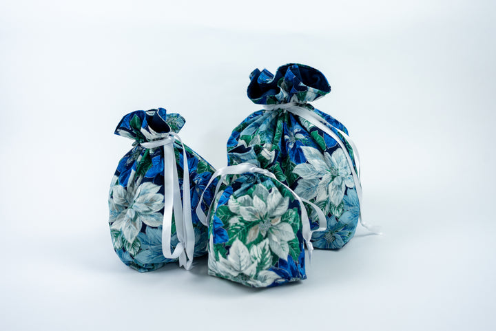 Reusable Fabric Gift Bags - Blue Poinsettias