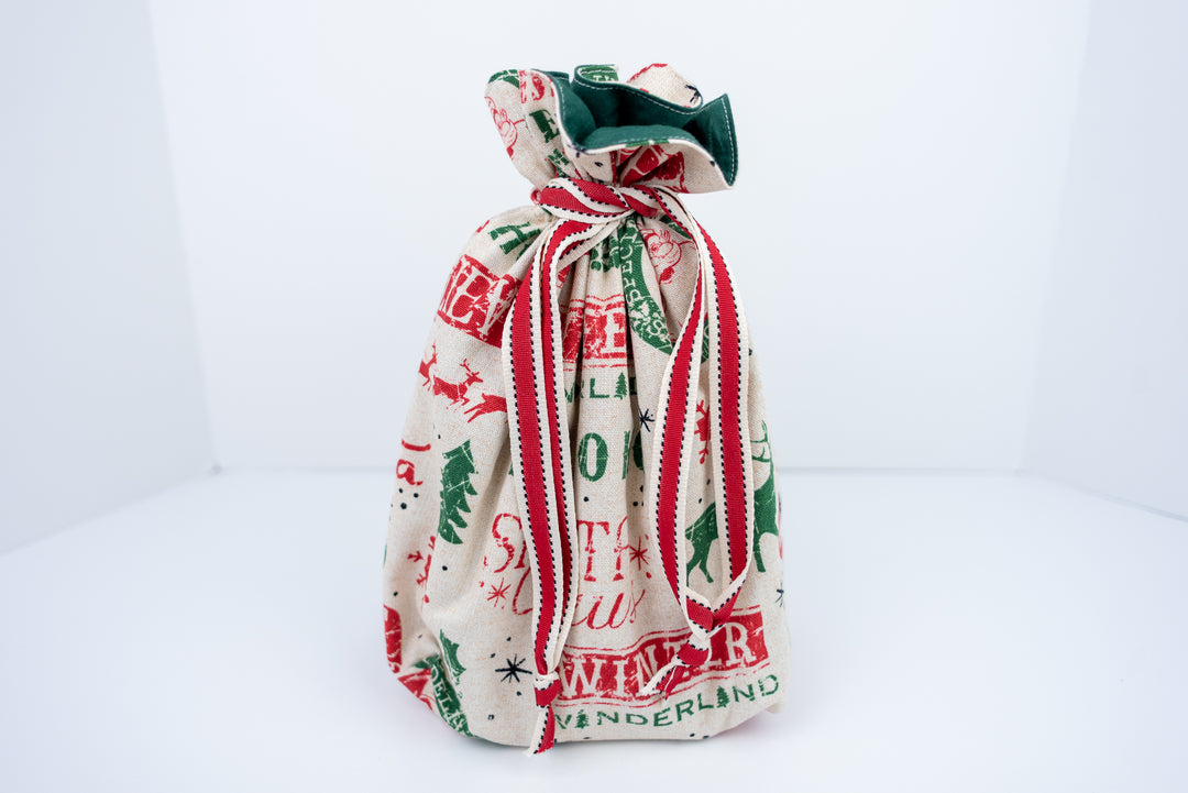 Reusable Fabric Gift Bags - Red & Green Santa